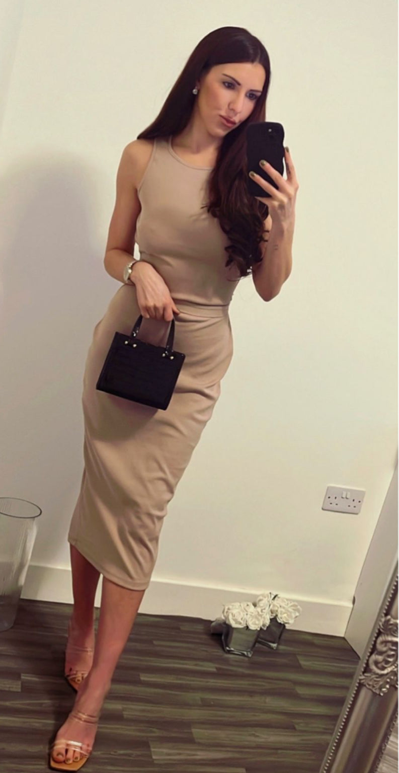 Taupe Ribbed Open Backed Midi Dress