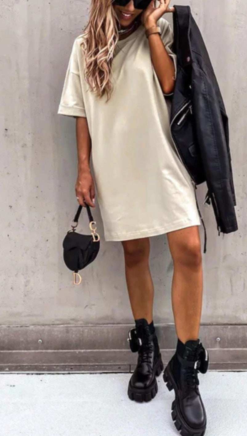 Oversized Tunic T shirt Dress - Stone