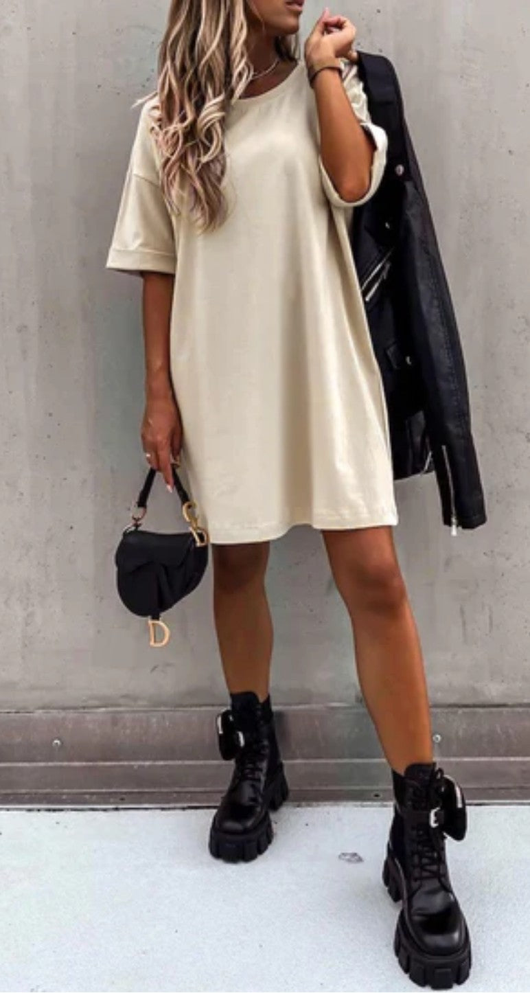 Oversized Tunic T shirt Dress - Stone